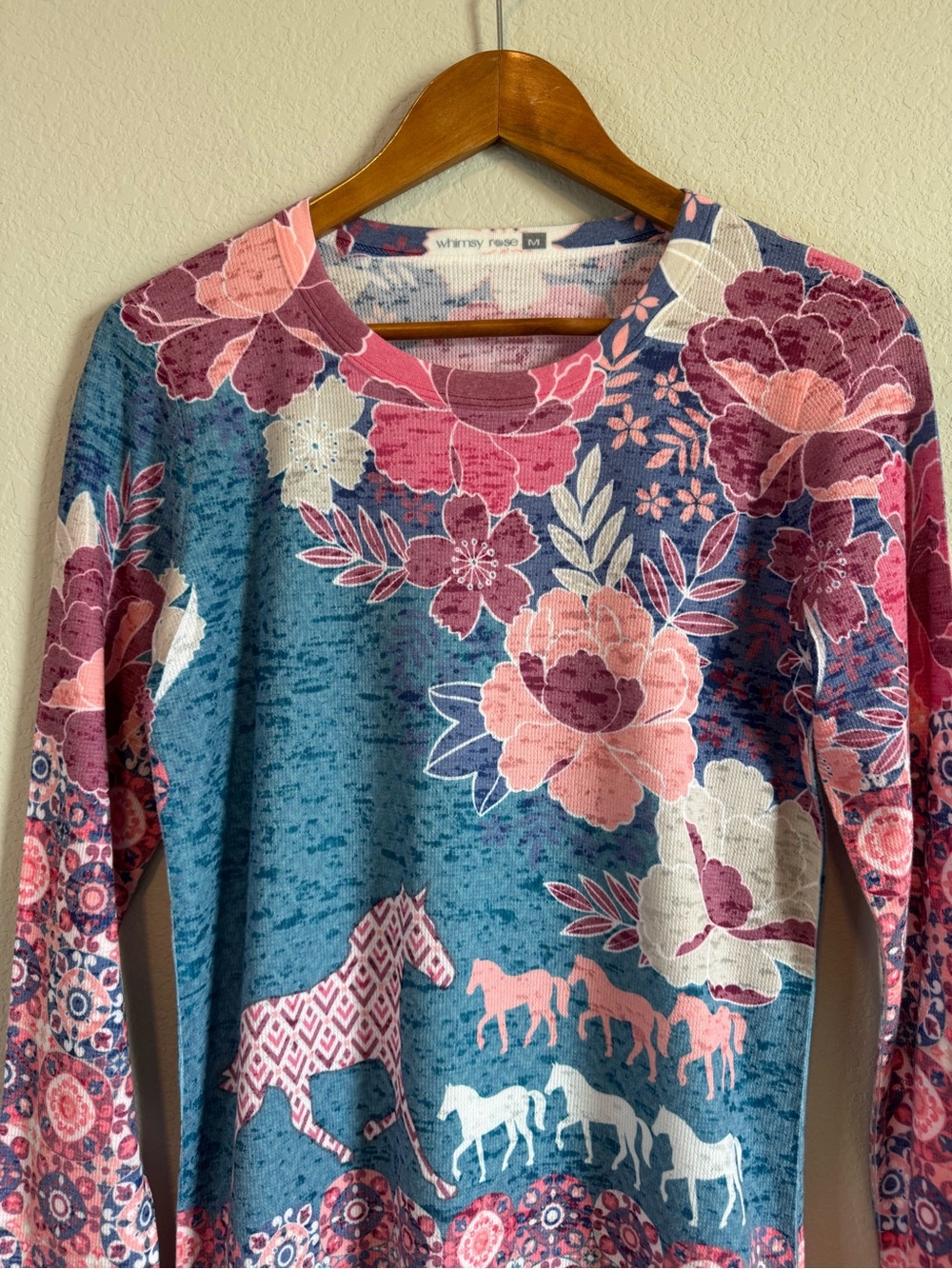 Sundance Whimsy Rose Floral Horse Print Burnout Thermal Waffle Long Sleeve Top M - Picture 3 of 8